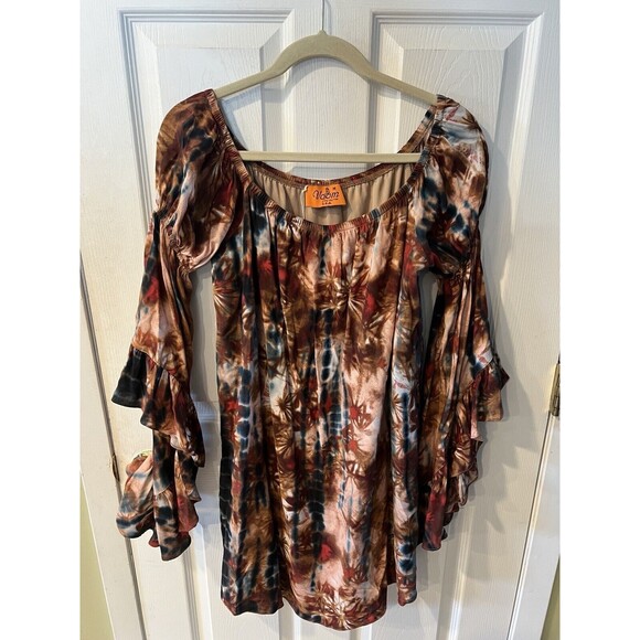Voom joy han Tunic Womens M Tie Dye Off Shoulder Dress Cascading Angel Sleeve - Picture 6 of 7